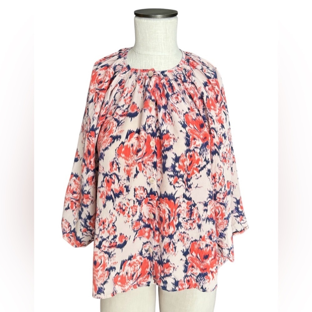Tucker Women’s Peasant “The Classic Blouse” In 100% Silk Ikat Rose Floral Sz M